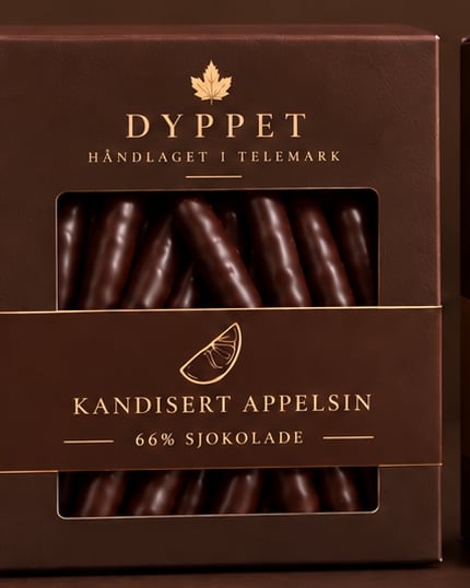 Eske med kandisert appelsin i 66 % sjokolade