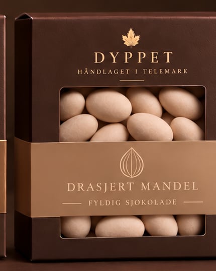 Eske med drasjerte mandler i fyldig sjokolade
