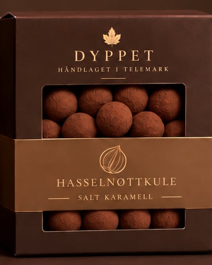 Eske med hasselnøttkuler med salt karamell
