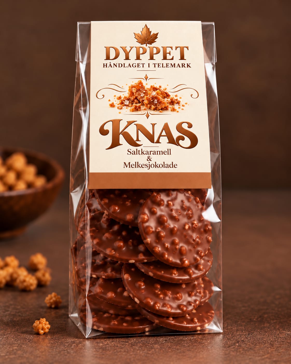 Pose med KNAS saltkaramell og melkesjokolade