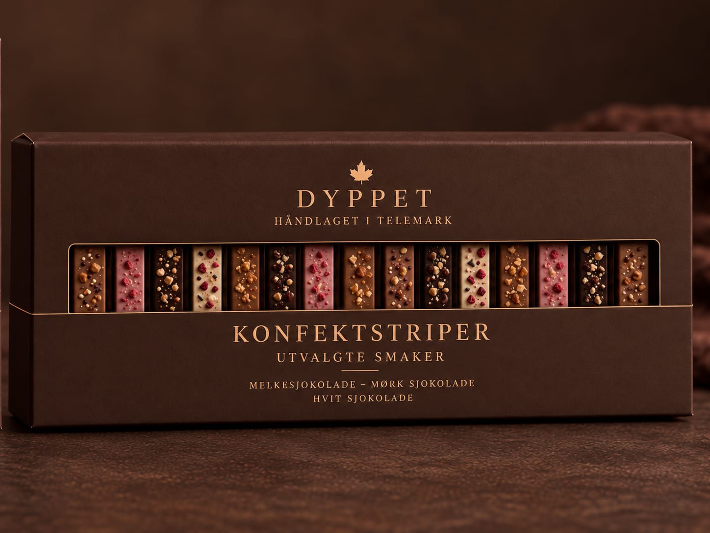 Eske med konfektstriper i melkesjokolade, mørk og hvit sjokolade