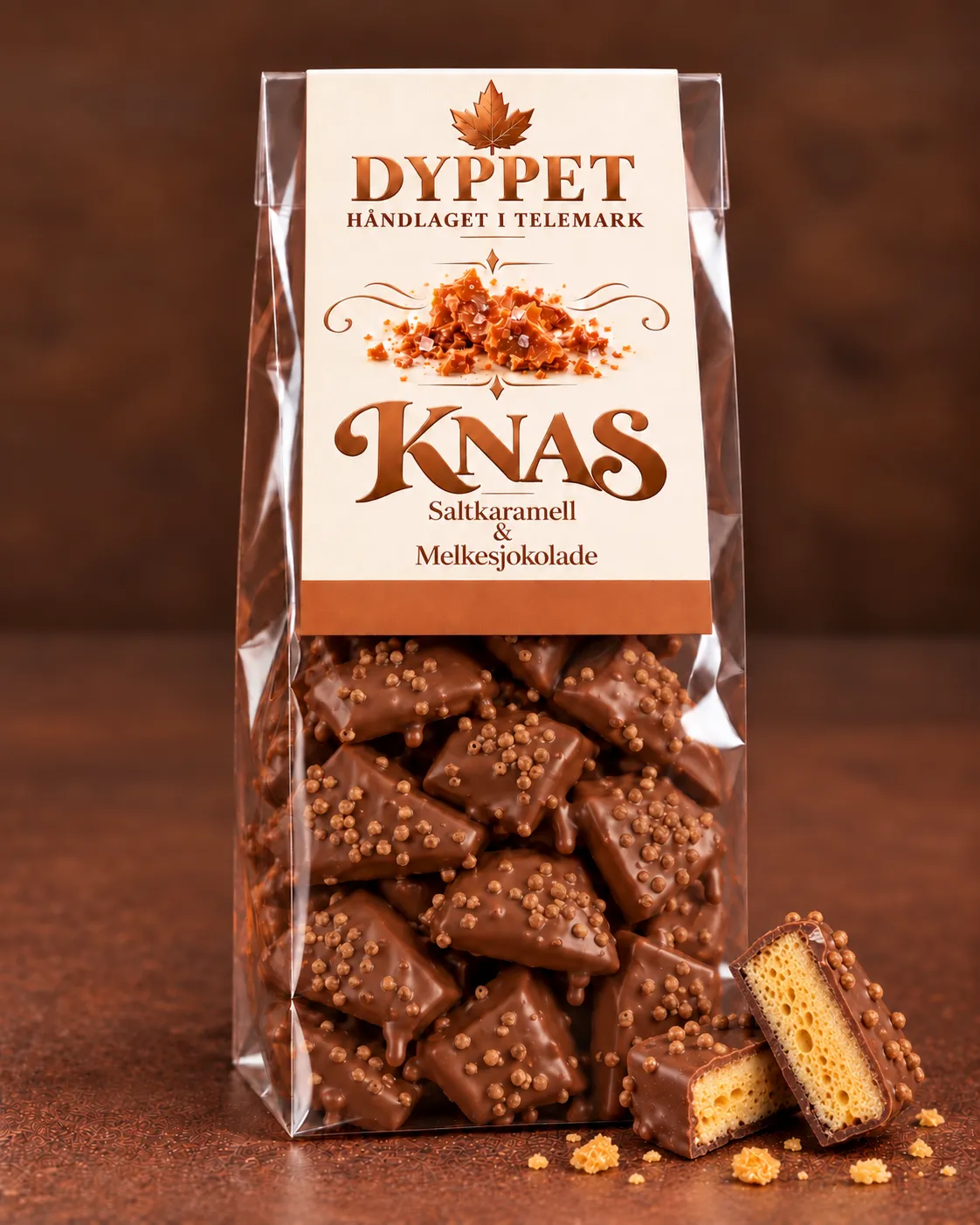 Pose med KNAS saltkaramell og melkesjokolade
