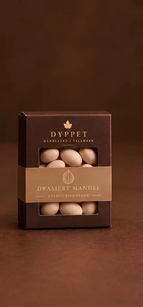 Eske med drasjerte mandler i fyldig sjokolade