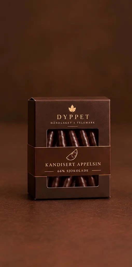 Eske med kandisert appelsin i 66 % sjokolade